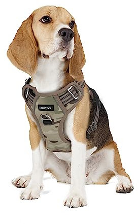 Funfox Hundegeschirr Mittelgroße Hunde [M] - Verstellbares Anti-Zug Brustgeschirr mit Griff & Reflektorstreifen, Atmungsaktives No Pull Hundegeschirr für Grosse/Kleine Hunde Outdoor Tarngrün