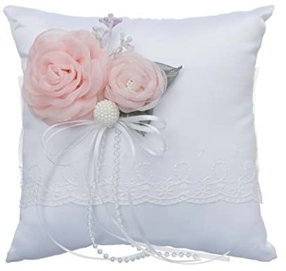 UNKCEST Ringkissen Hochzeit Standesamt, Ehering-Kissen mit Satinband for für Ringträger (Stickerei ringkissen) - Weiß Brautkissen Träger Kissen Ringschachtel Ringhalter Kissen (20x20 cm, #131)