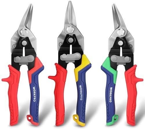 WORKPRO 3 Piece Aviation Tin Snips Set, 8 Inch Metal Cutter Shear for Left, Right and Straight Cut, Cr-V Blade, Ergonomic Handle with Hang Hole & Safety Latch