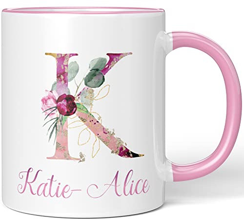 JUNIWORDS Tasse, Katie-Alice, Name Anfangsbuchstabe Initial Alphabet Floral Buchstabe K Monogramm Motiv, Rosa (5518226)