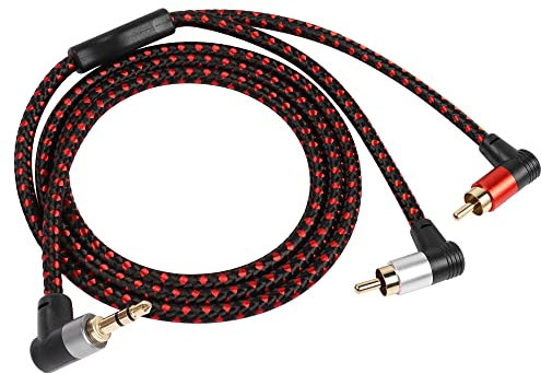 RIIEYOCA 90 Degree Right Angle 3.5mm to 2 RCA Cable 3FT,2RCA Male to 3.5mm TRS Male Stereo Y Splitter Adapter for Smartphone, Speaker, MP3, Tablet & More