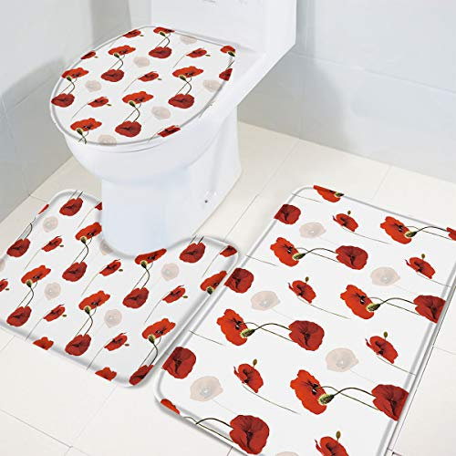 Set 3 Teilig Badvorleger Mohn Rotes Blumenmuster Dekorative Bade-Matte+Kontur+Wc-Deckelabdeckung Weiche Bad Duschmatten Für Badewanne Badezimmer Wc-Sitz Bezug