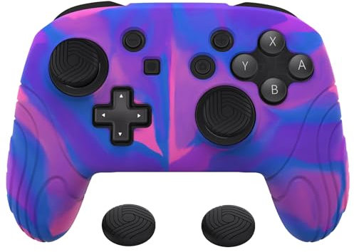 playvital Cover Skin per Nintendo Switch PRO Controller,Custodia Silicone Protettiva Antiscivolo per Switch PRO Controller con Gommini Coprilevette Analogiche-Samurai-Rosa&Viola&Blu