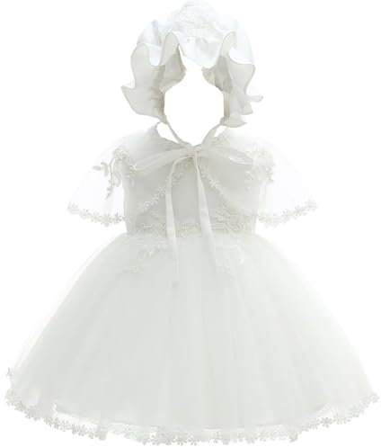 Leideur Baby Mädchen Weiß Taufkleid mit Haube Neugeborenen Taufe Kleid Spitzenkleid für Hochzeit Geburtstag (Weiß 4, 6M)