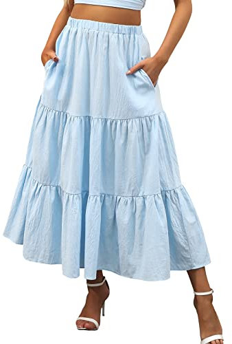 Damen Sommer Boho Maxi Midi Rock Elastisch Hohe Taille Plissee A-Linie Flowy Swing Langer Maxi Rock mit Taschen