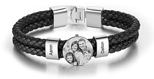 Jeweidea Lederarmband Herren mit Foto Personalisiertes Armband mit Namen Graviert Edelstahl Perlenarmband Herren Geschenke für Männer Papa Geschenk Vatertag Weihnachten