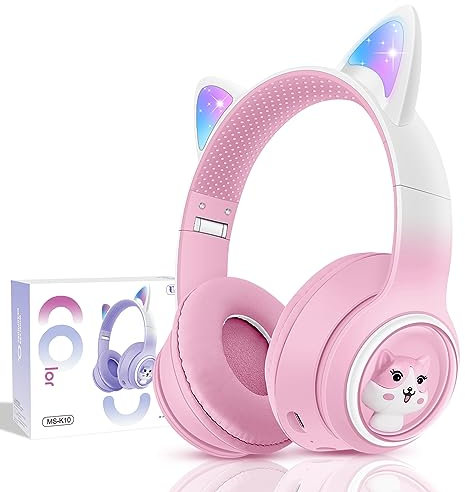 JYPS Kids Wireless Headphones, Cat Ear Headphones with LED Lights for Kids/Boys/Girls/Toddler Aged 3+, Childrens Bluetooth Headphones Foldable with Microphone for Kindle/iPad/Fire Tablet (Pink)