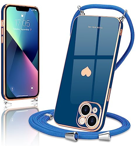 Wirvyuer Coque avec Cordon pour iPhone 13 Coque Ultra Mince Silicone Souple Étui en Motif Coeur avec Chaîne Collier Réglable Téléphone Portable Lanyard Case pour iPhone 13 Bleu