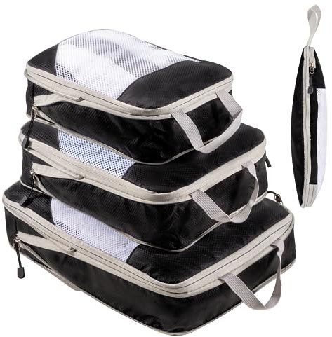 Koffer Organizer Packing Cubes Compression Koffer Organizer Set Wasserfester Kofferorganizer Packtaschen für Koffer Travel Essentials Erweiterbar Reisepack Organizer für Handgepäck, Schwarz 3 Stück