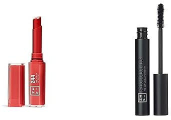 3ina Makeup - The Color Lip Glow 244 + The 24H Level Up Mascara 900 - Rot Lippenstift & Schwarz Wimperntusche für Empfindliche Augen und Lippen - Vegan - Cruelty Free