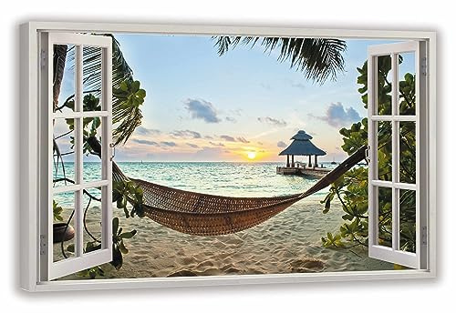 HUBDECO Leinwandbild Fensterblick Ocean Hammock Beach Bild 70x50 cm - Landschaftsbilder auf Leinwand - Wandbilder Wohnzimmer - Bild Fenster mit Ausblick - Aesthetic Room Decor - Wanddeko Schlafzimmer