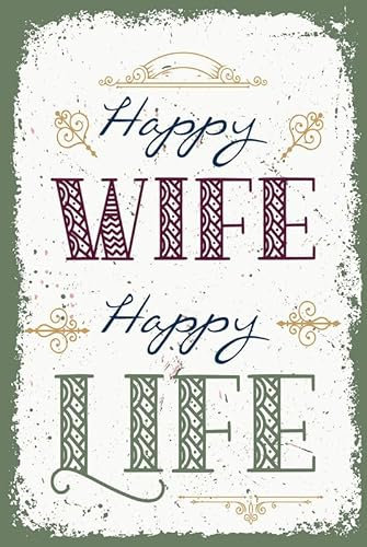 mrdeco Metall Schild 12x18cm gewölbt Happy wife happy Life Schild
