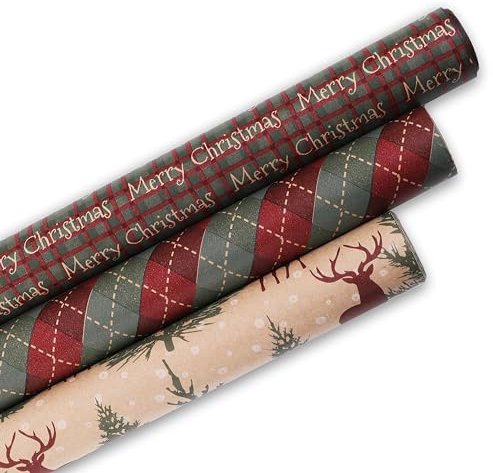 KC SHOP GERMANY, GESCHENKPAPIER 3x ROLLE Kraftpapier MEGA 70x305cm, 60g/qm, Weihnachten, Heiligabend, xmas, christmas, modern, schick, hübsch, hochwertig (MC)