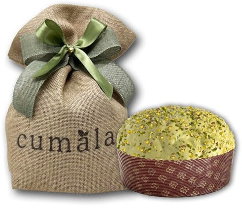 Cumala Panettone al Pistacchio Artigianale con Marzapane e Cremini da 1 kg. Metodo di Lavorazione Antico e Tramandato a 3 Impasti, 72 Ore di Lievitazione e Confezione Ricercata
