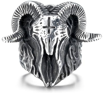 GTHIC Stainless Steel Skull Satan Sheep Rings For Men Gothic Anti Cross Demon Devil Goat Head Baphomet Punk Rings Jewelry Size 10