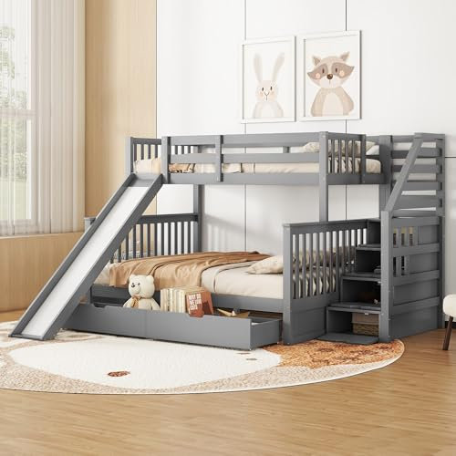 FEZTOY Etagenbett 90 x 200 +140 x 200 mit Schubladen und Rutsche, Hochbett Kinderbett mit Treppe, Stauraumbett, Multifunktionales Kinderbett, Stockbett, Jugendbett, Doppelbet,Graau