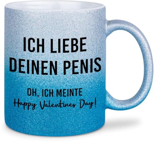 glitzertassen.de® | Ich liebe deinen Penis (Valentinstag) | Tasse mit Glitzer | Geschenkidee | Lustige Sprüche | Valentinstag | Kaffeebecher | Keramik | 330 ml | Silberblau
