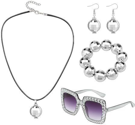 1 Discokugel-Schmuckset, Bestehend Aus Brille, Halskette, Armband, Ohrringen, Karnevals-Damenaccessoires, Glitzerkugel-Accessoires, Mit Zirkonen Besetzten Abschlussballbrillen, Discokugel-Ohrringen