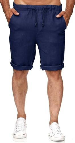 Runcati Bermuda Homme Coton Lin D'été avec Poches Short, Bleu foncé, XL