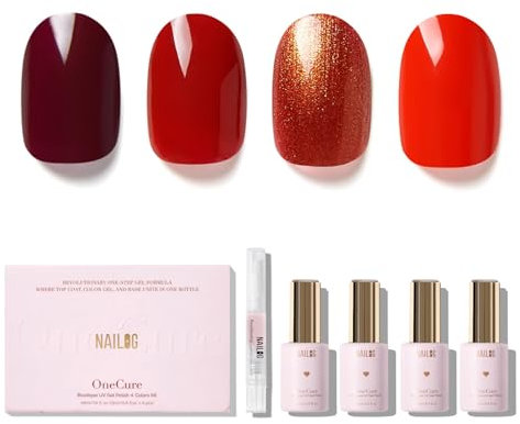 NAILOG Gel Nail Polish Set - 4 Colors Top Coat, Base 3-In-1 Soak Off UV Gel Polish Kit for Home DIY & Birthday Gifts for Women, Red Utopia