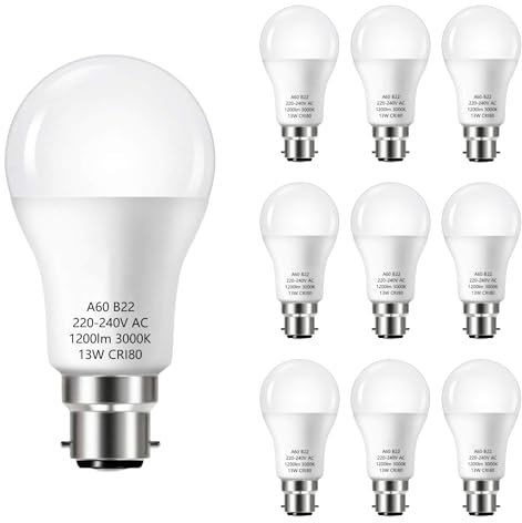 UNITEDLUX B22 Bayonet Cap Light Bulbs, 13W Equal to 100W Warm White 3000K, 1200Lumens Energy Saveing LED Bulb, Non-Dimmable, Pack of 9