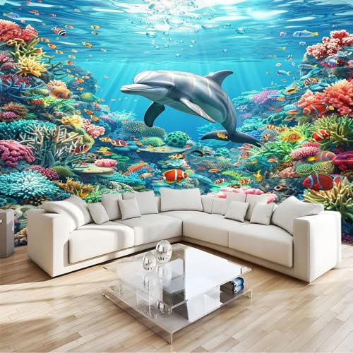 Fototapete Vlies Unterwasserpflanzendelfin 3D Wandbild, Uv-Beständig & Schadstofffrei, Modernes Wanddeko, Für Wohnzimmer, Schlafzimmer, Kinderzimmer - Leicht Zu Installieren B300 X H210 Cm