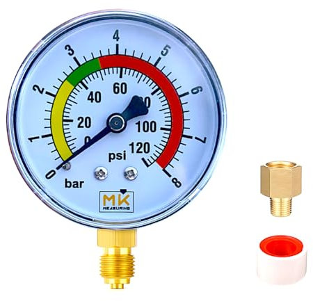 MK MEASURING – Manomètre de Pression d'Eau 0–8 Bar / 120 PSI, Raccord Laiton 1/4 BSP, Connecteur Latéral, Pour Réducteur de Pression et Chauffe-eau – Avec Téflon et Adaptateur 1/4 NPT