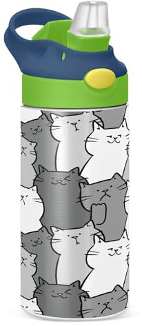 Sevdomey Cartoon Cat Design Kids Water Bottle with Straw for Girls Boys, Stainless Steel Insulated Leakproof Water Bottle 350ml for School Nursery Travel Sports