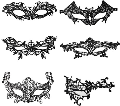 Cleminsta 6 Stück Augenmaske aus Spitze Venezianische Masken Schwarz Sexy Lace Augenmaske Maskerade Spitzenmaske Spitze Maske für Halloween Karneval Abendkleid Tanz Ball Party