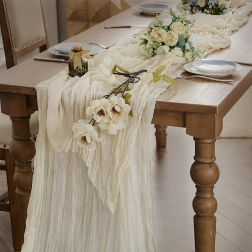 WAITER TREE Cheesecloth Cream Table Runner for Dining Table 90x300 cm - Boho Gauze Long Rustic Sheer Table Runners for Baby Bridal Shower Wedding Birthday Decorations - Beige