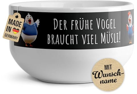 PR Print Royal Müslischale mit Name selbst gestalten - Der frühe Vogel - Geschenke zum Geburtstag, Weihnachten, Danke sagen | Personalisierte Geschenke, Keramik, 500 ml