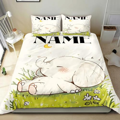 SHROUDEX Personalisierte Süße Elefant Bettwäsche Mit Namen, Kinder Cartoon Tier Bettbezug mit Reißverschluss, Kinderbettwäsche Mit Namen für Jungen und Mädchen (Single 135x200CM)