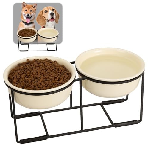 Hundenapf Set Erhöht Hundenäpfe Keramik - Fressnapf Hund 2er Set mit Rutschfestem Metallständer - Doppelnapf Hund für Futter und Wasser - Ideal für Kleine und Mittelgroße Hunde - 2 x 800 ml - Beige