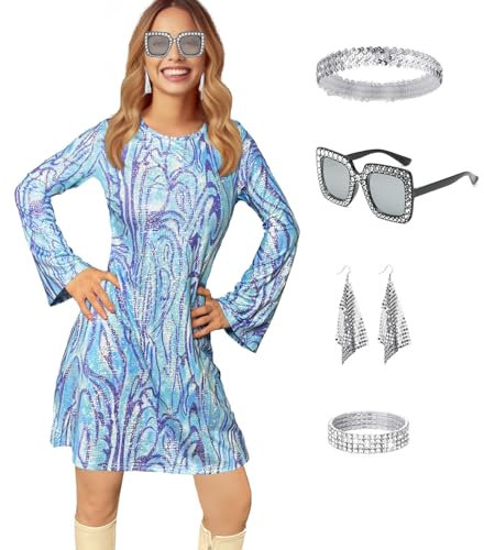 JINGTOPS Robe Disco Femme, Femme deguisement Disco Annee 60 70 80 avec Boucles d'oreilles Bracelet LunettesRétro Costumes Hippie de Carnaval Fancy Dress Outfit, Halloween, Carnival Accessoire (S)