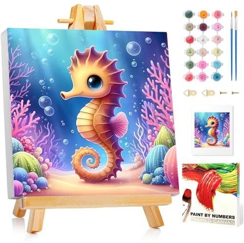 Seepferdchen Malen Nach Zahlen Kinder mit Rahmen, Seepferdchen Malen Nach Zahlen Kinder ab 5 6 7 8 9 10 Jahre, Malset Geschenk für Mädchen und Jungen - 20x20cm Mit Staffelei