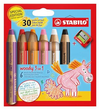 STABILO - Buntstift, Wasserfarbe & Wachsmalkreide - woody 3 in 1 - Jubiläumsedition - Einhorn - 6er Pack mit Spitzer - 6 Farben