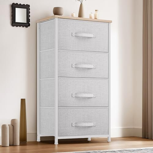 YITAHOME Kommode,Kommode mit 4 Schubladen,Schrank,Stoffschubladen mit Griffen,Metallgestell,Dauerhaft,Hellgrau