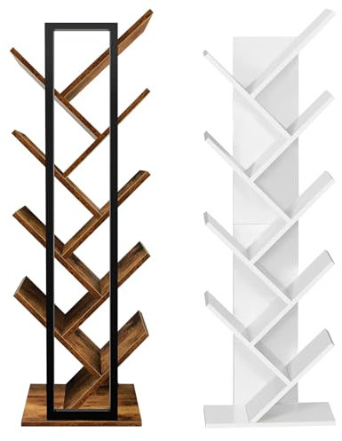 VickyHome 9 Tier Tree Bookshelf, Slim Tall Wooden Book Shelf Floor Standing Living Room Bookcases Open Storage Shelf for CDs Magazine, for Office Home Organize, Rustic Brown and Black