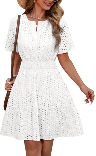 Yuson Girl Vestido Mini Verano Mujer con Manga Corta Cuello V Elegante Bohemio Cintura Alta Algodón Casual de Playa