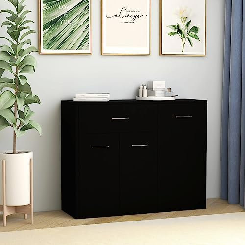 Myheimly Sideboard mit 1 Schublade 3 Türen Kommode Anrichte Schrank Beistellschrank Mehrzweckschrank Standschrank Holzwerkstoff Sideboard Schwarz