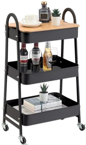 K AKTUAL Carrito Auxiliar con Ruedas, Carrito de Cocina con Tapa Bambú con 3 Ganchos,Carro Organizador almacenaje, 44x32x80cm. Ideal para baño, Cocina, salón, Oficina y estetica. Color Negro.