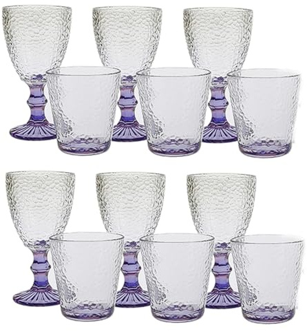 Set 12 Bicchieri 6 acqua 6 vino calici con piede in Vetro trasparente viola da tavola Eleganti Stile Raffinatezza in casa per Ogni Tavola e Occasione bar hotel ristorante