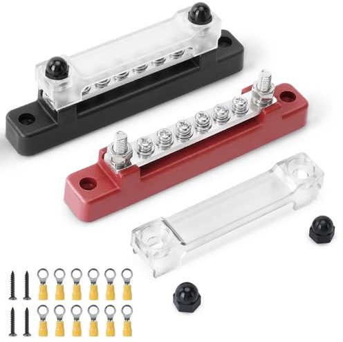 BOSYTRO 2 Pezzi Blocco di Distribuzione Alimentazione 12V-48V DC Busbar 150A Morsettiera Distribuzione con 6 x M4 Terminale a Bolts e 12x Morsetti Elettrici M4 per Auto Camion Barca (Rosso, Nero)