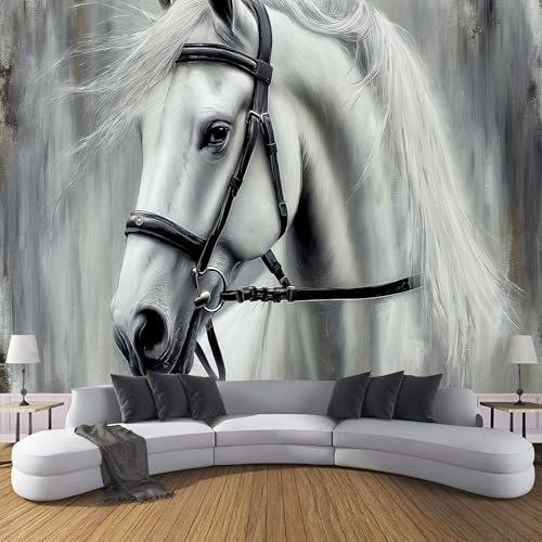 Papier Peint Intissé Peinture à l'huile cheval blanc illustration animale Poster Tableaux Photo Muraux Utilisé Pour Salon Chambre Chambre D'Enfant Décoration Murale Tableaux Muraux (300x210cm)