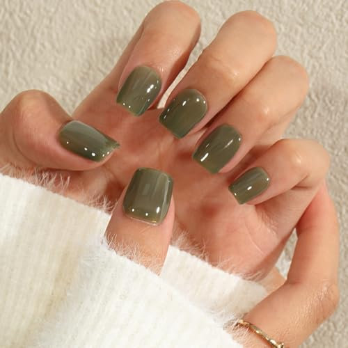 KQueenest Olive Green Press on Nails Short Square, Short False Nails with Glue, Glossy Solid Moss Green Fake Nails Set, Natural Fit, Reusable Small Gel Stick on Nail for Women Decoration 24 Pcs