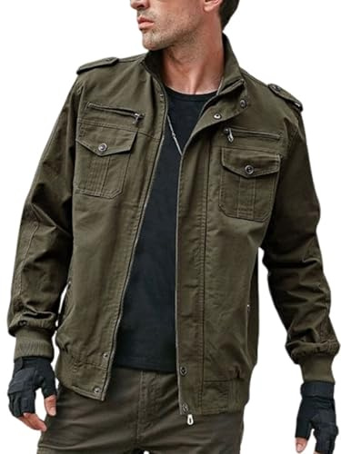 Jinsha Blouson Aviateur Homme Coton Hiver RandonnéE Escalade Zipper Veste Militaire Bombers Cargo Homme Multipoche ExtéRieur Manteau Coupe-Vent Travail VêTements D’ExtéRieur Armée Verte M