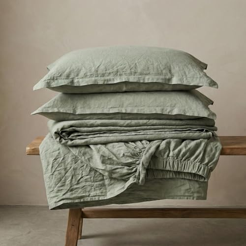 The Tangerine Store Pure Linen Luxe - Set di lenzuola in 100% lino naturale, traspiranti, ipoallergeniche, prelavate per una maggiore morbidezza, colore: verde salvia, per letto matrimoniale