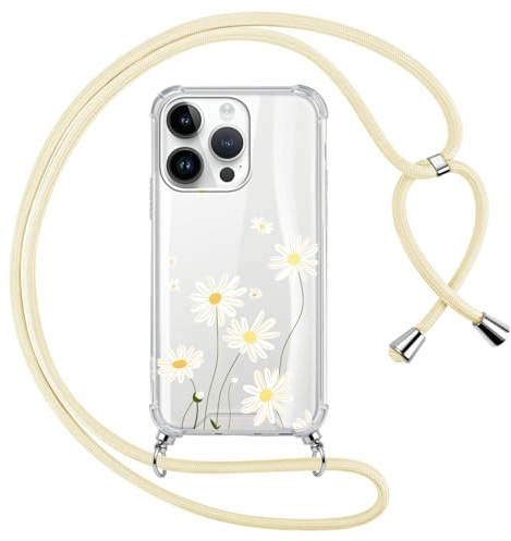 Foonary Transparente Funda con Cuerda para iPhone 13 Pro Flore, Carcasa Aesthetic Crisantemo Motive Case con Ajustable Collar Correa de Cuello Cordón Silicona Cover para iPhone 13 Pro 6,1,Verde