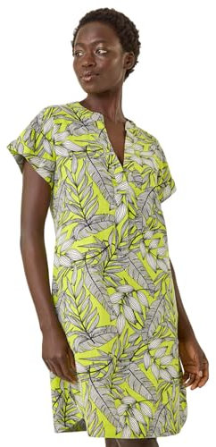 Roman Originals Aztec Print Linen Mix Shift Dress for Women UK - Ladies Everyday Holiday Spring Summer V-Neckline Comfy Soft Evening Vacation Work Party - Lime - Size 10