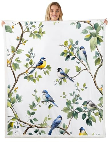 Homemissing Vögel Decke 150x200cm Zweige Kuscheldecke Set für Kinder Mädchen Jungs Blätter Wohndecke Set Blumen Flanell Fleecedecke Offwhite
